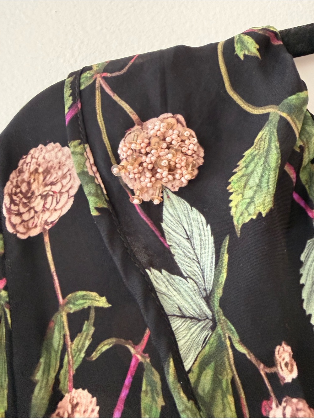 Johanna Ortiz Galeria Fundana Black Maxi Dress with Pink Floral and Green Leaves - Picture 3 of 7